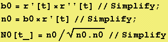 b0 = r '[t] × r ''[t] // Simplify ; n0 = b0 × r '[t] // Simplify ; N0[t_] = n0/(n0 . n0)^(1/2) // Simplify 